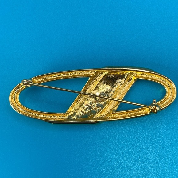 Gold Tone Jewelry Lot Curb Chain Necklace Large Flat Hoop Earrings Enamel Brooch - Picture 8 of 9